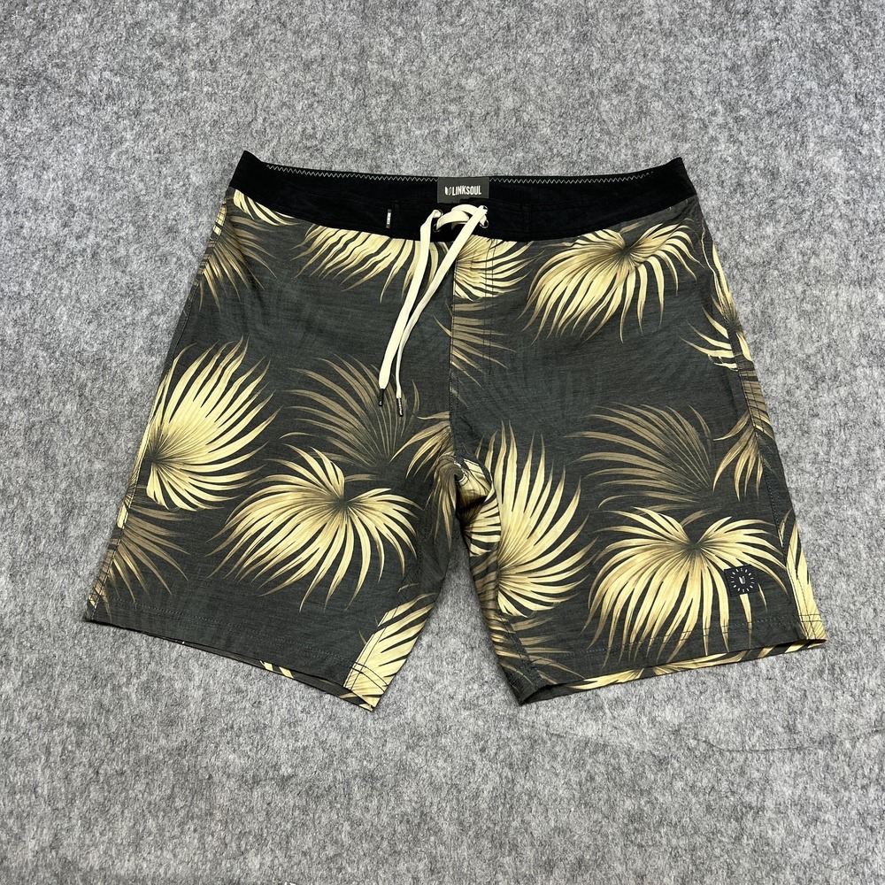 Linksoul Board Shorts Mens 36 Gray Palm Print Drawstring Stretch Pocket Swim